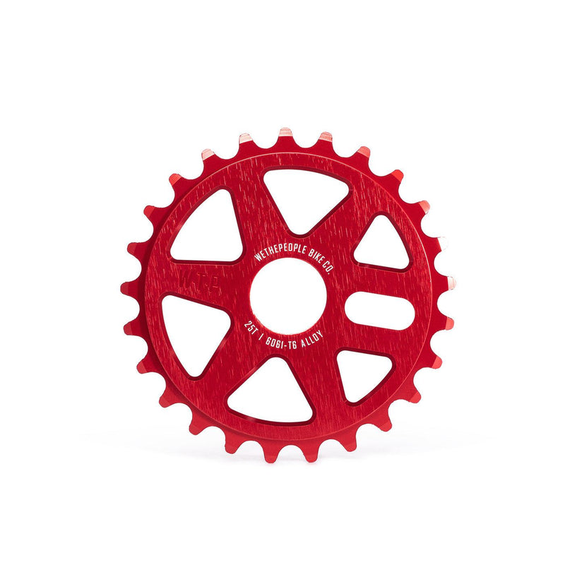 Red WETHEPEOPLE LOGIC SPROCKET made of 6061-T6 alloy with CNC machined design and 25T size.