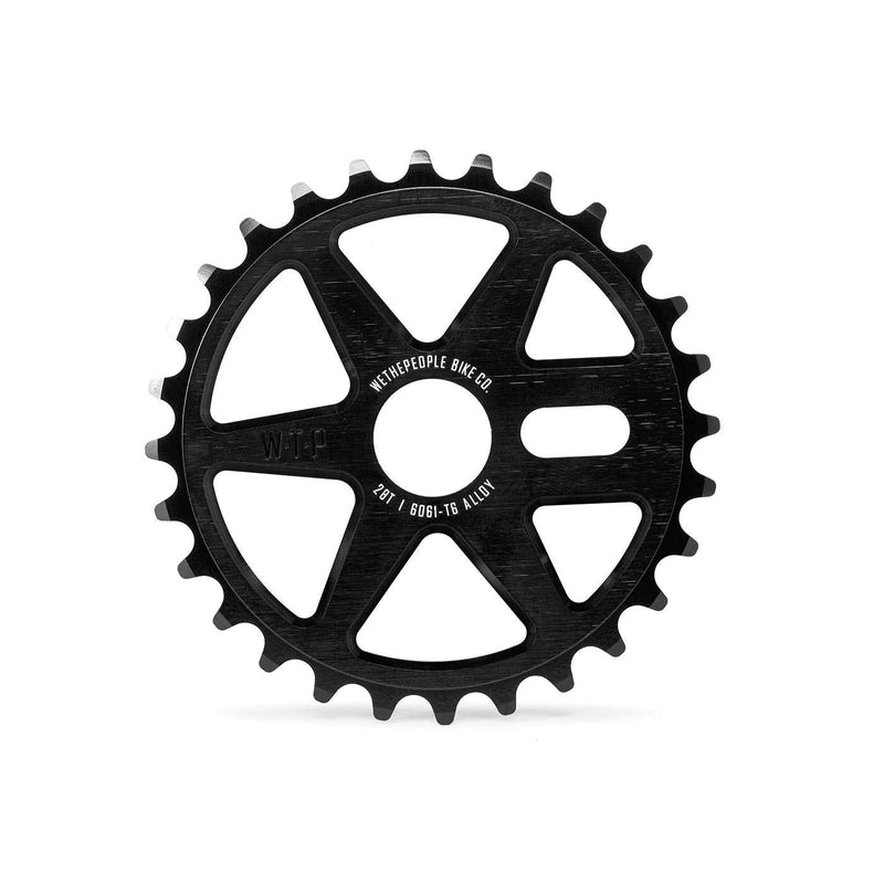 Black WETHEPEOPLE LOGIC SPROCKET made from 6061-T6 alloy with CNC machining, 25T or 28T size, designed for strength and dent resistance.
