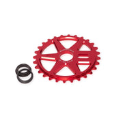 Red WETHEPEOPLE LOGIC SPROCKET with black adapters, CNC machined 6061-T6 alloy BMX bike chainring