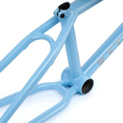Light blue WETHEPEOPLE MESSAGE FRAME BMX bike frame made of lightweight 4130 chromoly tubing with technical ramp setup features.