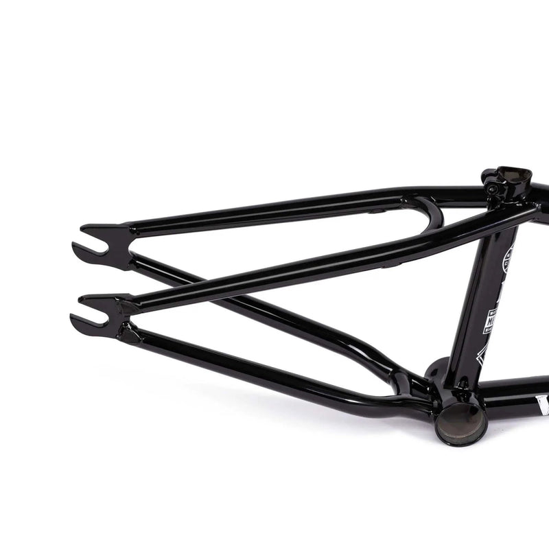 Black WETHEPEOPLE MESSAGE FRAME made from lightweight durable 4130 crmo tubing for technical BMX park riding.