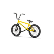 Yellow WETHEPEOPLE JUSTICE BMX bike with black wheels and handlebars on white background
