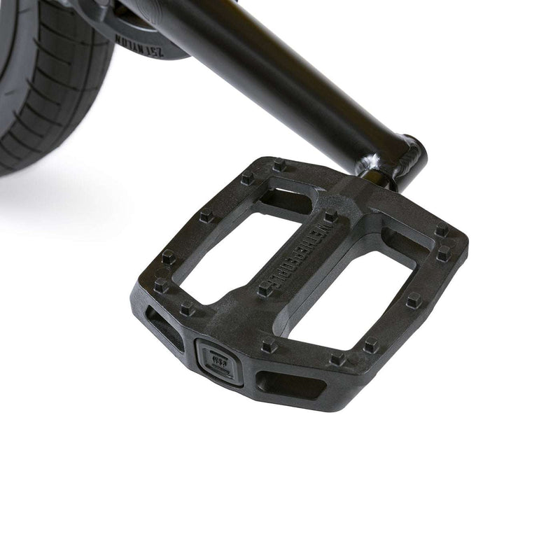 Close-up of black nylon Wethepeople Logic pedal on WETHEPEOPLE JUSTICE BIKE