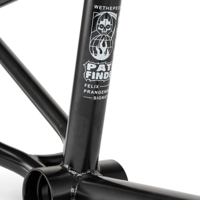 Close-up of black WETHEPEOPLE PATHFINDER BMX frame with Felix Prangenberg signature and detailed welds