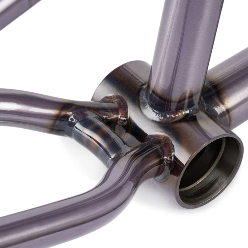 Close-up of WETHEPEOPLE PATHFINDER Frame bottom bracket and chainstay welds in raw metal finish