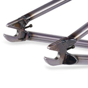 Close-up of wethepeople pathfinder bicycle frame dropouts in raw metal finish