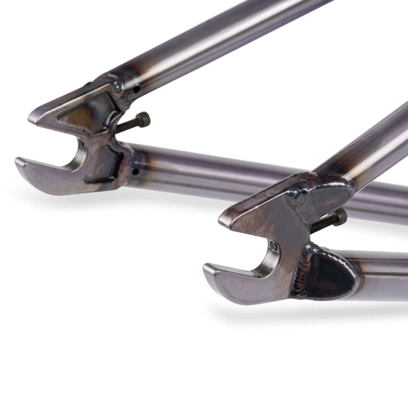 Close-up of wethepeople pathfinder bicycle frame dropouts in raw metal finish