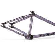 Wethepeople Pathfinder BMX bike frame in translucent purple with CNC detailing and branded graphics