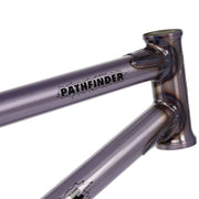 Close-up of WETHEPEOPLE PATHFINDER Frame in Trans Lilac with CNC detailing and Pathfinder logo