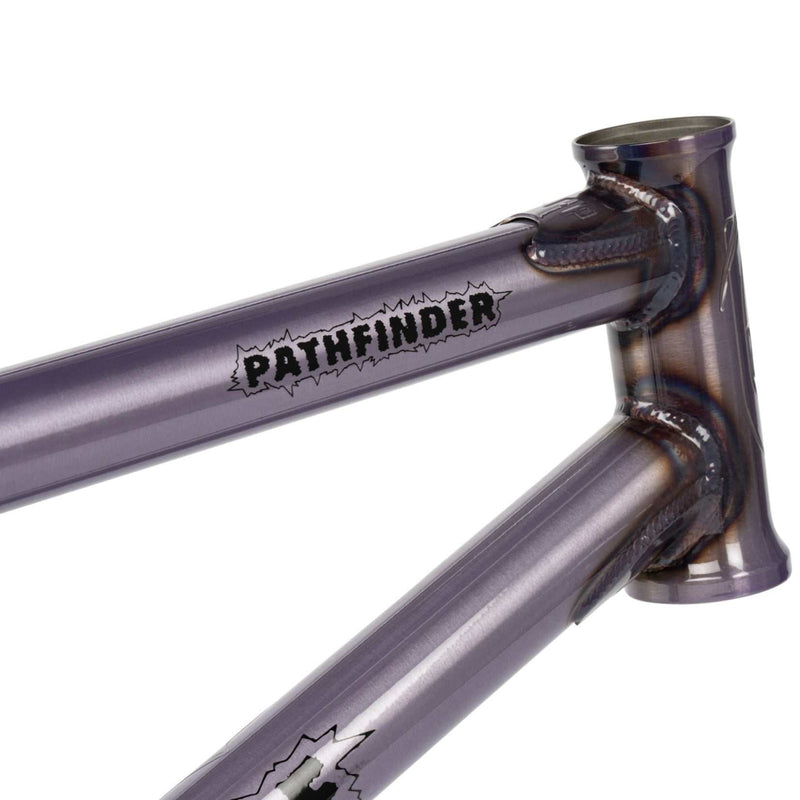 Close-up of WETHEPEOPLE PATHFINDER Frame in Trans Lilac with CNC detailing and Pathfinder logo