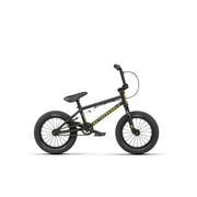 WETHEPEOPLE RIOT 14 inch kids BMX bike with black frame and yellow logo for beginner riders