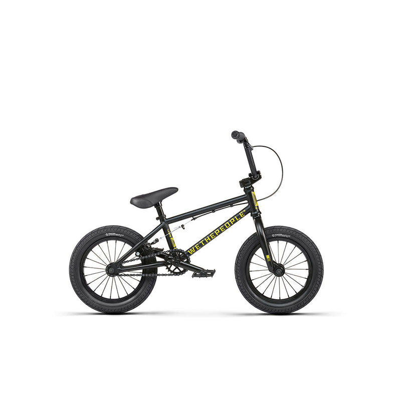 WETHEPEOPLE RIOT 14 inch kids BMX bike with black frame and yellow logo for beginner riders