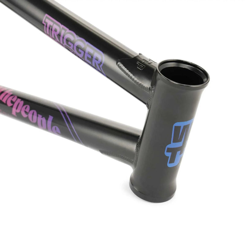 WETHEPEOPLE TRIGGER FRAME BMX bike frame with adaptive geometry and durable 4130 crmo tubing in black with purple and blue accents