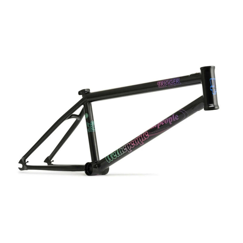 Wethepeople Trigger Frame black BMX frame with multi-colored logo and durable 4130 crmo tubing design