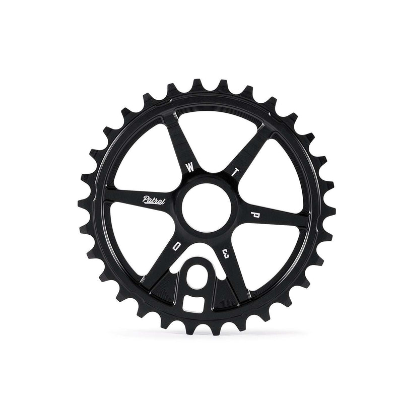 WETHEPEOPLE Patrol sprocket black CNC machined alloy bicycle chainring with offset teeth and classic design.