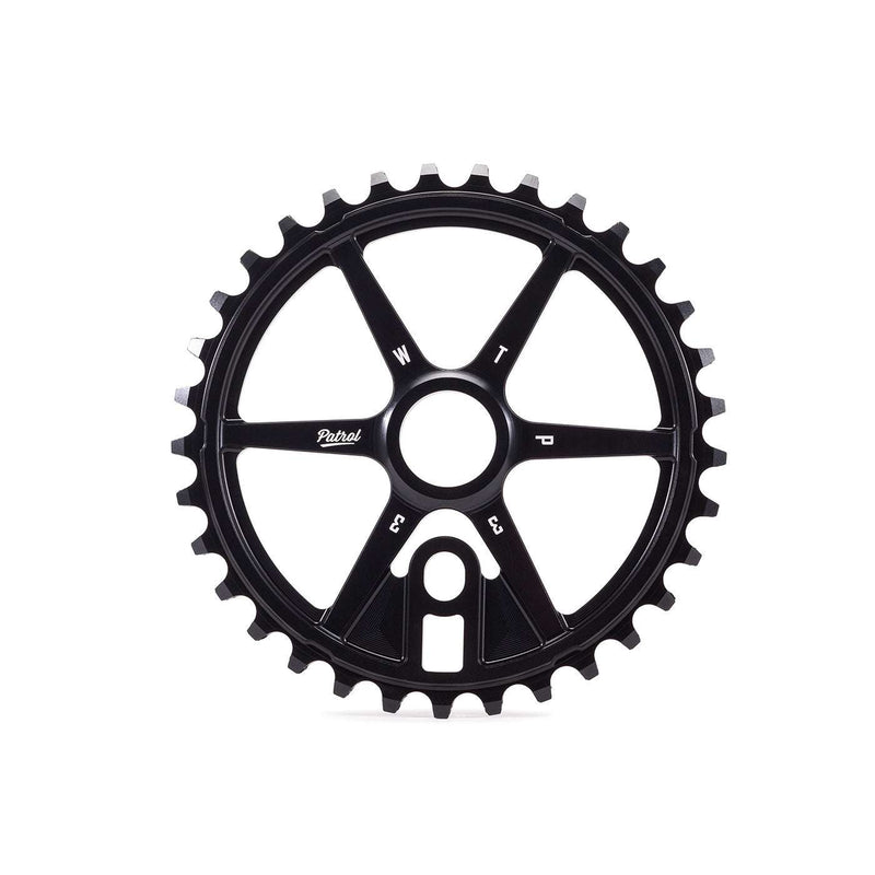 Black WETHEPEOPLE PATROL SPROCKET with 33 teeth, full CNC 6061-T6 alloy construction and offset teeth for BMX bikes