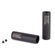 Pair of black WETHEPEOPLE TOXIC PEGS made from heat-treated 4140 chromoly steel with 14mm holes and 3/8" adapters.