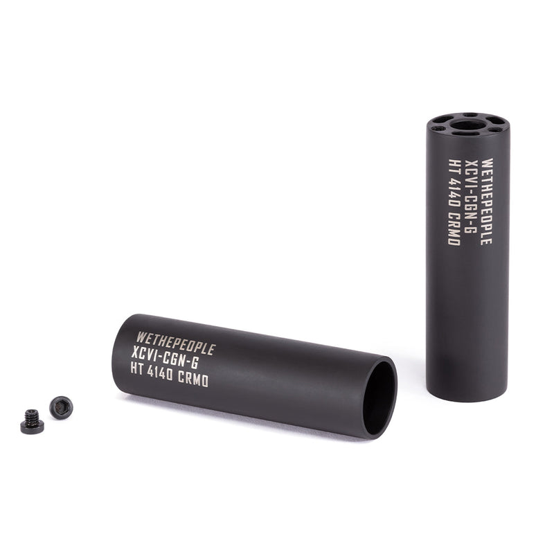 Pair of black WETHEPEOPLE TOXIC PEGS made from heat-treated 4140 chromoly steel with 14mm holes and 3/8" adapters.