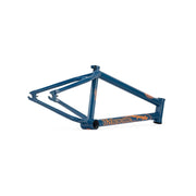 Wethepeople Trigger Frame BMX bike frame in blue with orange logo, durable 4130 chromoly tubing, designed for adaptive geometry and street riding.