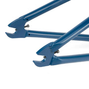 Close-up of the rear dropout section of a blue WETHEPEOPLE TRIGGER FRAME BMX bike frame made from durable Japanese 4130 chromoly steel tubing