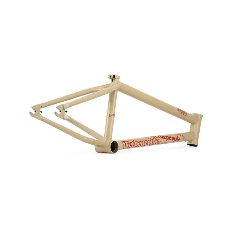 Light tan WETHEPEOPLE TRIGGER BMX bike frame with red branding and adaptive geometry design.