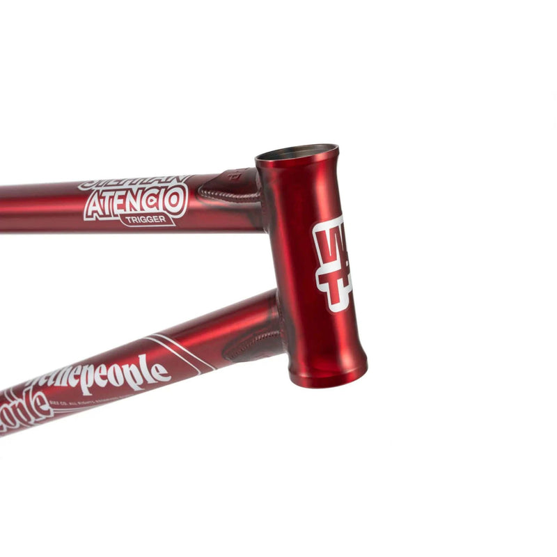 Close-up of WETHEPEOPLE TRIGGER FRAME in matt trans red with Stephan Atencio signature colorway and logo on the head tube and top tube.