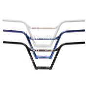 Three WETHEPEOPLE EVERLAST BAR BMX handlebars in white, blue, and black with kinked crosstube design and sturdy plain gauge tubing.