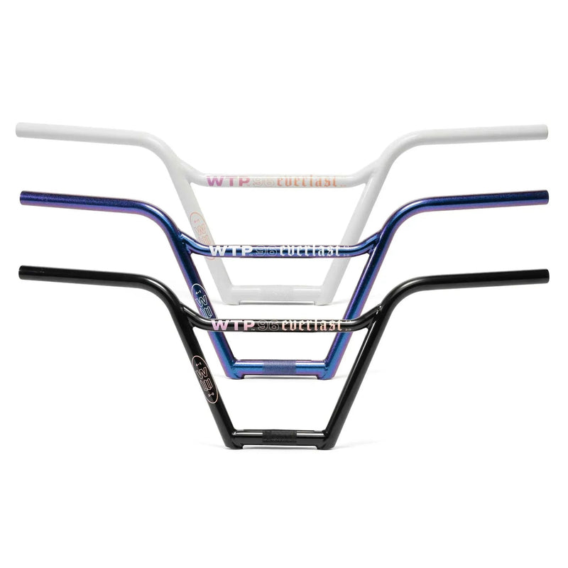 Three WETHEPEOPLE EVERLAST BAR BMX handlebars in white, blue, and black with kinked crosstube design and sturdy plain gauge tubing.
