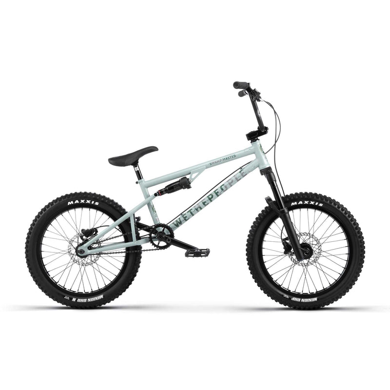 WETHEPEOPLE SWAMPMASTER full-suspension BMX and MTB hybrid bike with Maxxis tires and Manitou fork in light blue color