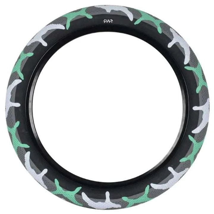 CULT VANS WAFFLE 16 inch BMX tire with waffle tread pattern and green, grey, white accents