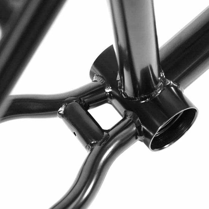Close-up of black ALIVE INDUSTRY F.T.W. BMX frame bottom bracket area with 4130 chromoly tubing and strong welds.