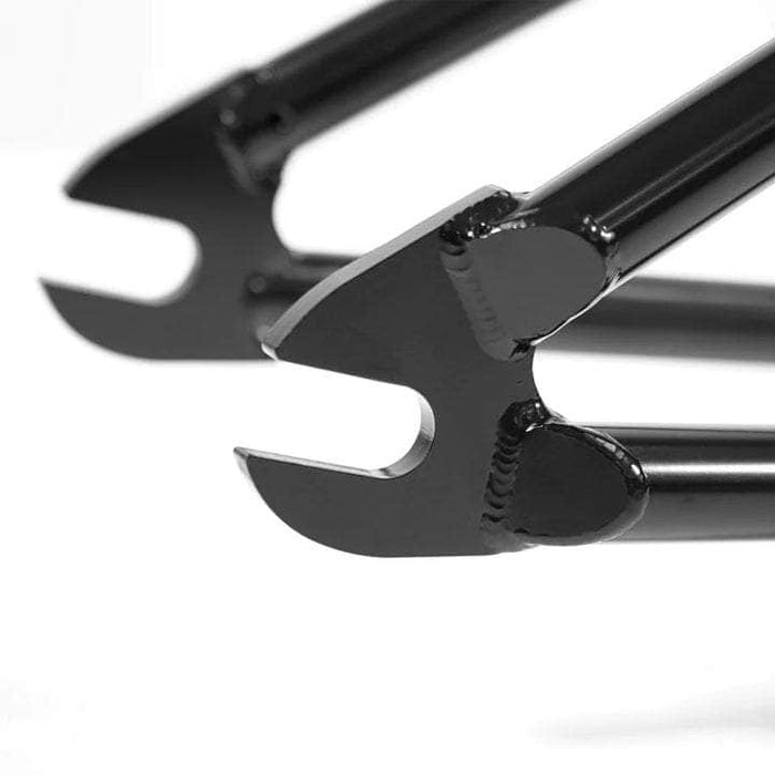 Close-up of black ALIVE INDUSTRY F.T.W. Frame dropout showing 4130 CRMO tubing and smooth welds