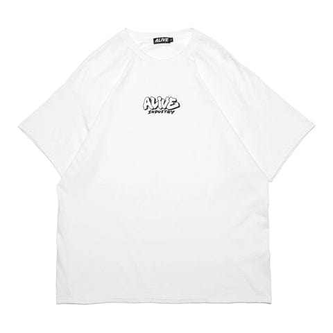White ALIVE INDUSTRY THROWUP T-SHIRT made from premium cotton with screen-printed logo design