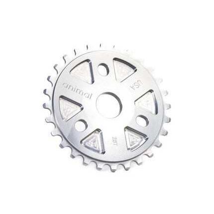Silver Animal OG sprocket made of 7075 aluminum with 6mm thickness and 24mm bore hole, featuring three rotation positions and included spacers.