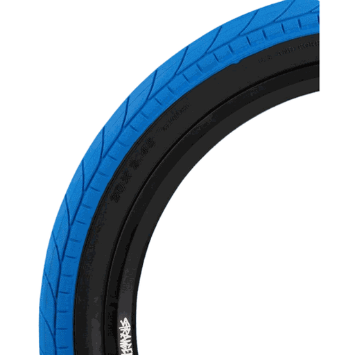 STRANGER BALLAST TIRE blue and black with grippy tread design, 20 x 2.45 inches wide, 110 PSI durable rubber bike tire