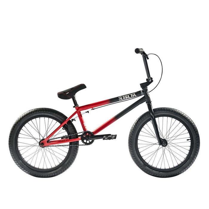 SUBROSA SONO BMX bike with 20-inch wheels, Hi-Ten steel frame, U-brake system, chromoly cranks, and semi-sealed rear hub in black and red design.