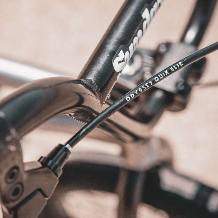 Close-up of Sunday Scout 20" BMX bike frame and Odyssey Quik Slic brake cable