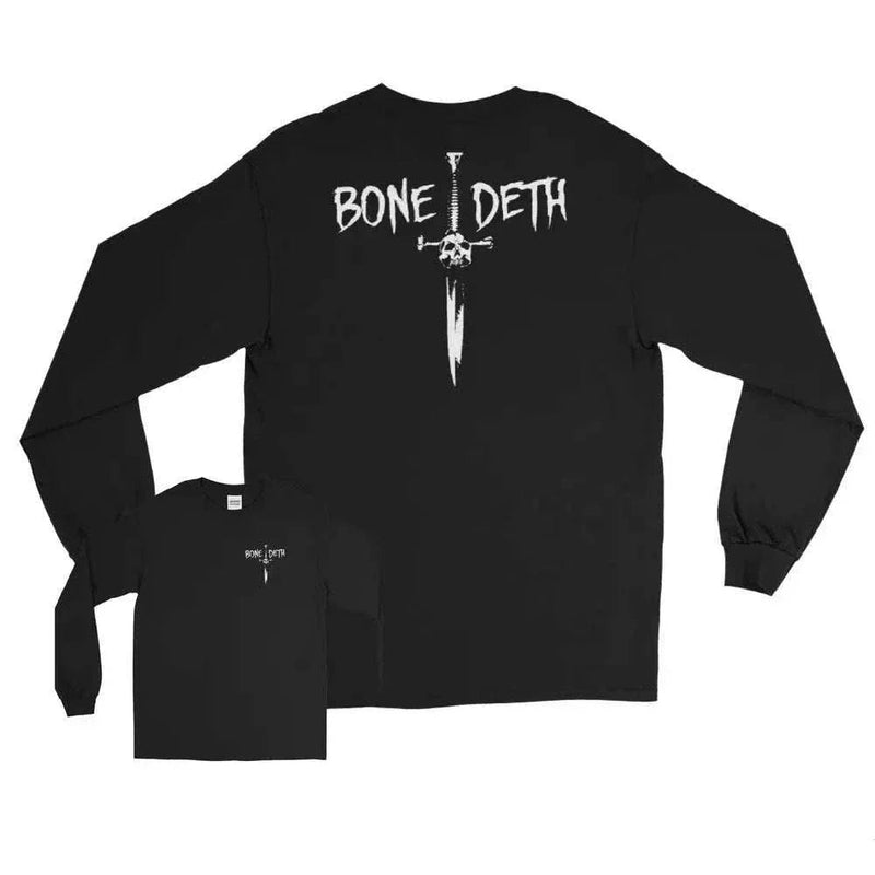 Black Bone Deth Dagger long sleeve T-shirt with white dagger and skull graphic design