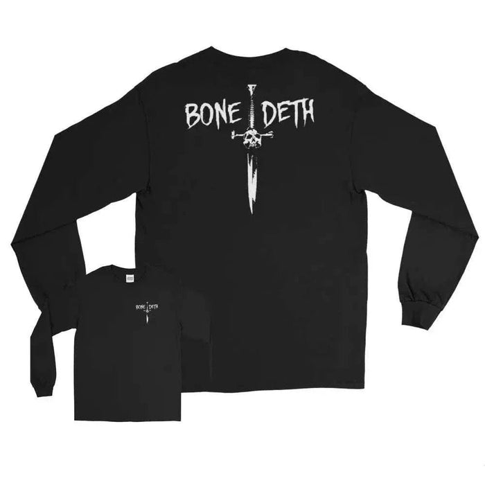 Black Bone Deth Dagger long sleeve T-shirt with white dagger and skull graphic design