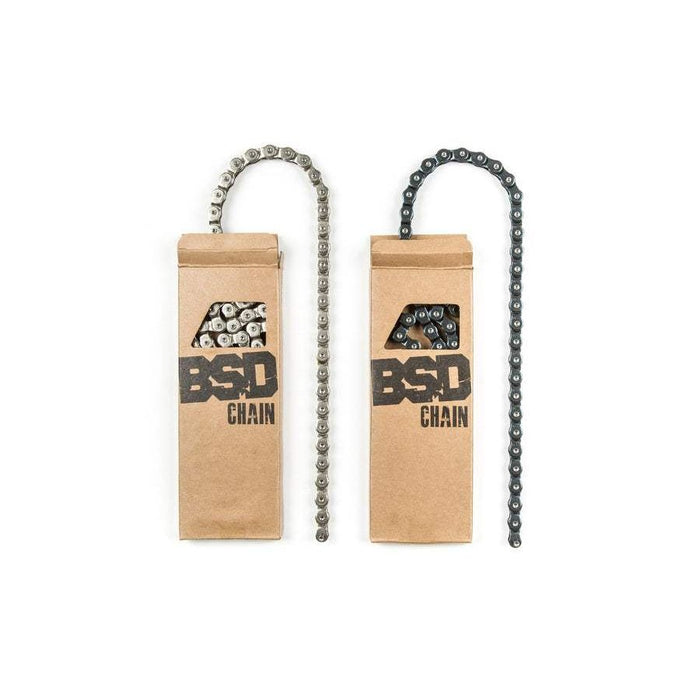 BSD 1991 HALFLINK CHAIN in silver and black with rustproof Teflon coating, 96 links, compatible with 8t drivers.