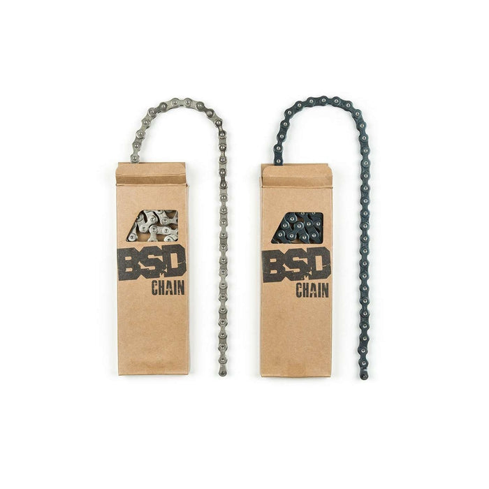 Two BSD Forever Chain bicycle chains in silver and black with cardboard packaging displaying BSD logo