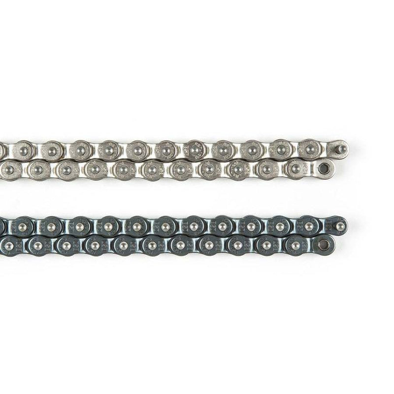 BSD 1991 HALFLINK CHAIN in silver and black with rustproof Teflon coating and stamped logos, 1/2" x 1/8" size for BMX bikes.