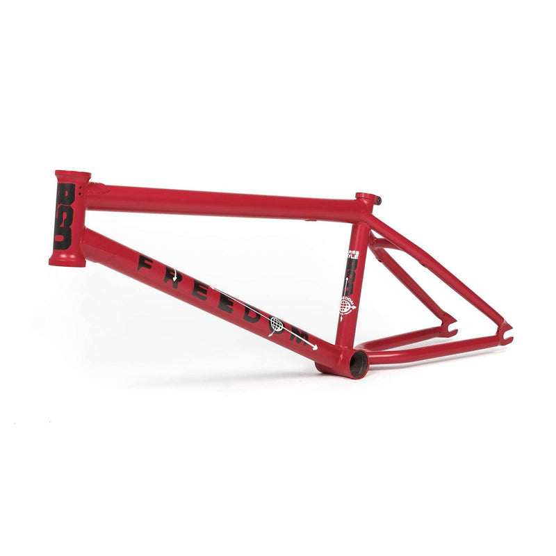 Red BSD Freedom BMX bike frame with Kriss Kyle signature and bold logo design