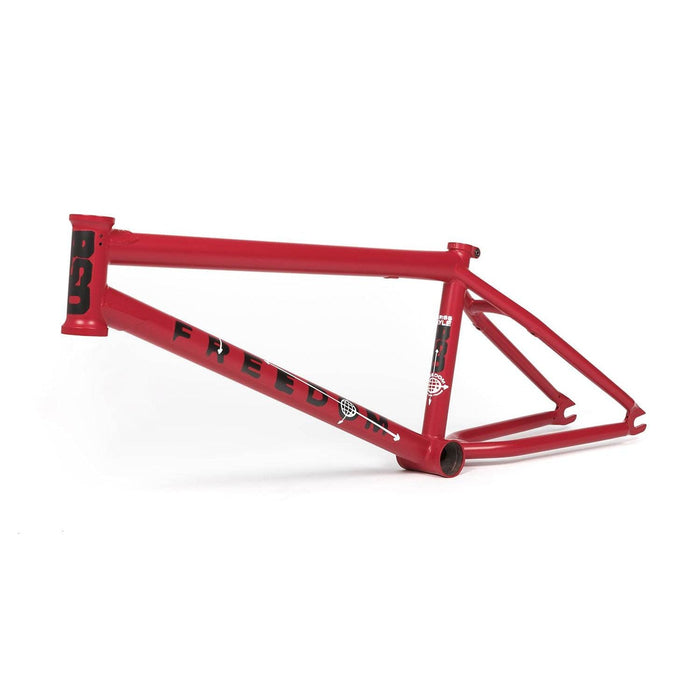 Red BSD Freedom BMX bike frame with Kriss Kyle signature and bold logo design