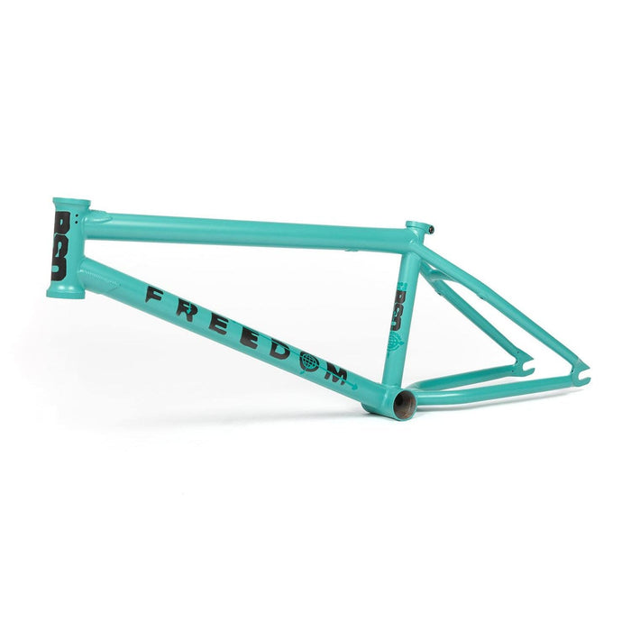 Turquoise BSD Freedom BMX frame with black logo and Freedom text, lightweight and durable design.
