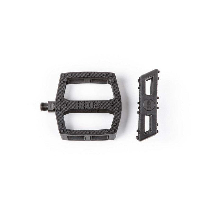 Black BSD SAFARI Pedals made from tough nylon fiberglass with hexagonal pins and knurled grip surface.
