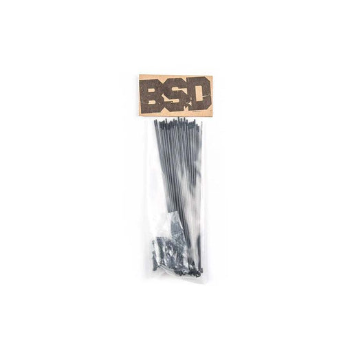 BSD BMX spokes pack with 40 black stainless steel spokes and brass nipples for BMX bike wheels.