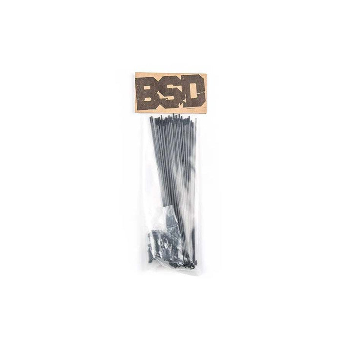 BSD BMX spokes pack with 40 black stainless steel spokes and brass nipples for BMX bike wheels.