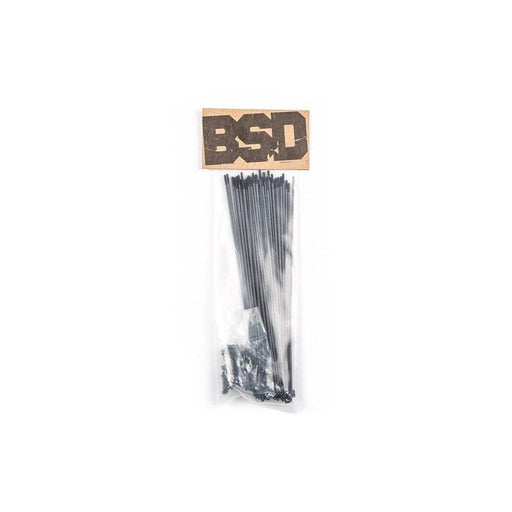 Pack of 40 black BSD BMX butted stainless steel spokes with brass nipples in packaging