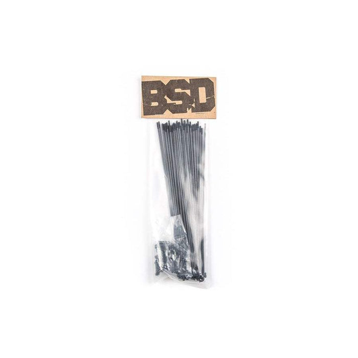 Pack of 40 black BSD BMX butted stainless steel spokes with brass nipples in packaging